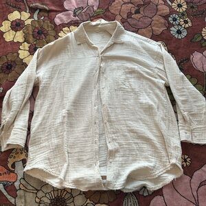 Aerie White Textured Cotton Button Down Shirt